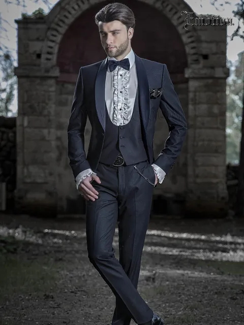 Men's blue formal suit with shawl lapel