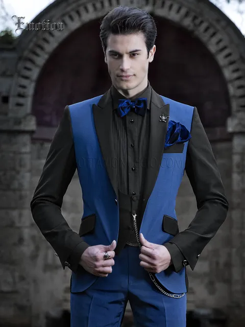 Modern men's groom suit in electric blue and black