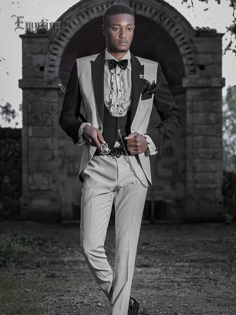 Modern men's groom suit in pearl grey and black