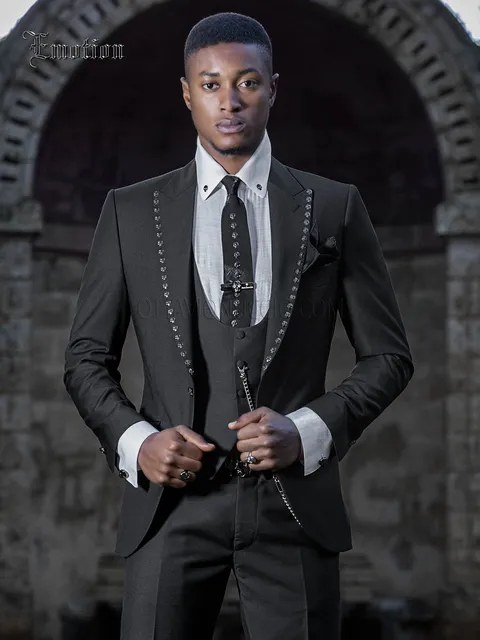 Black hipster groom suit, skulls on the lapel