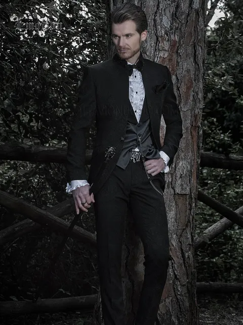 Men's formal suit with mandarin collar in black damask