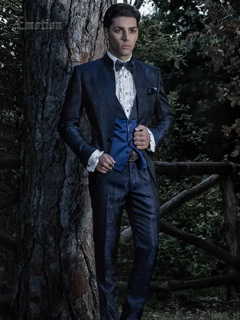 Groom suit with mandarin collar in blue damask