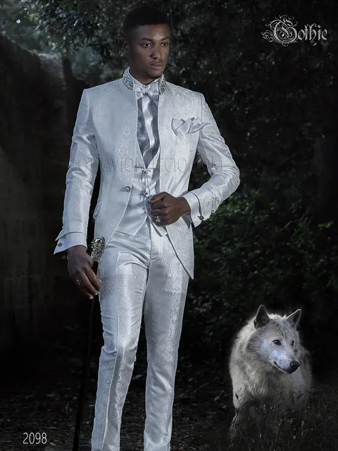 Abito da sposo collo coreano bianco damascato