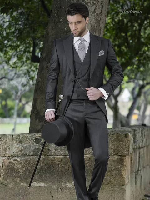 Dark grey morning suit groom suit, double-breasted shawl lapel waistcoat