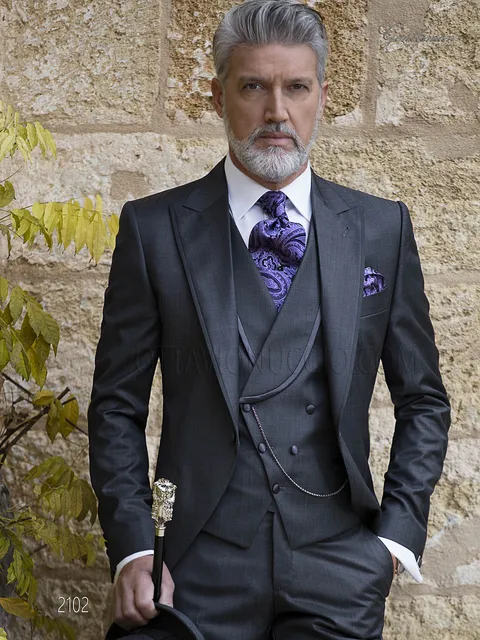 Modern 3-piece dark grey morning suit groom suit