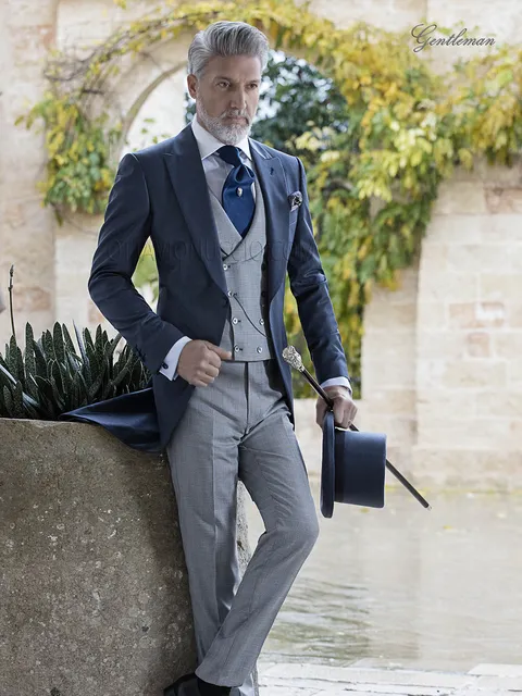 Morning suit with blue jacket and grey trousers, matching double-breasted waistcoat