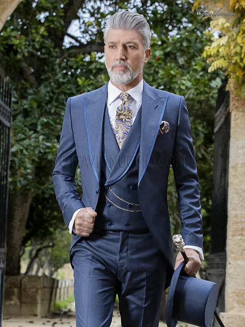 Men's fashion groom suit in blue wool blend