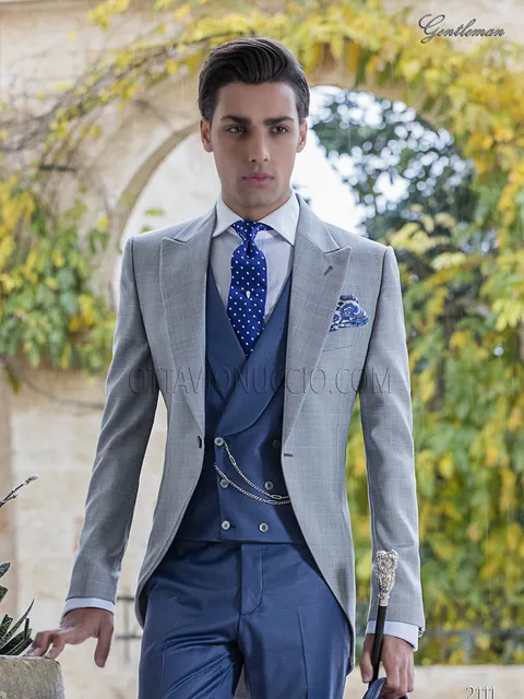 Modern morning suit, grey Prince of Wales check jacket and blue trousers
