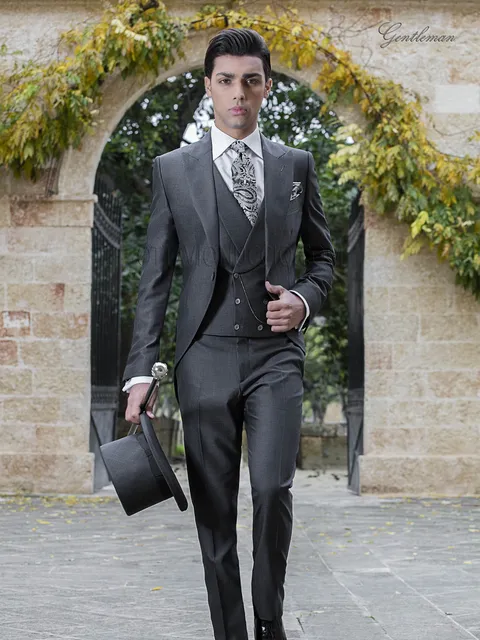 Men's modern dark grey morning suit groom suit in wool blend