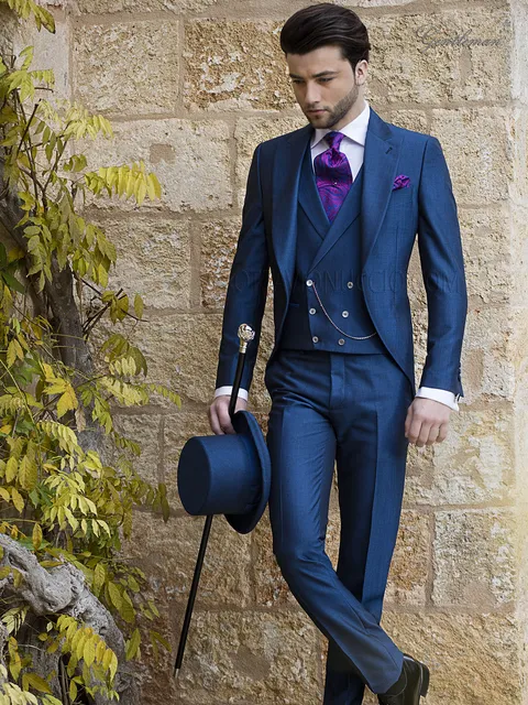 Men's classic royal blue suit, groom fashion in mohair wool blend