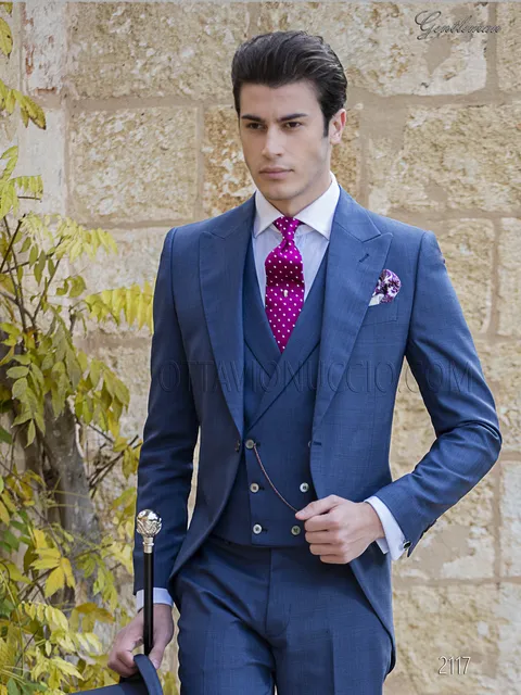 Modern blue morning suit groom suit in Prince of Wales check fabric