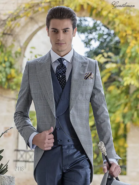 Modern morning suit groom suit in grey Prince of Wales check with blue trousers