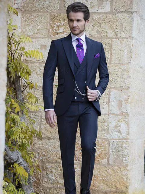 Men's fashion blue groom suit in mohair wool blend