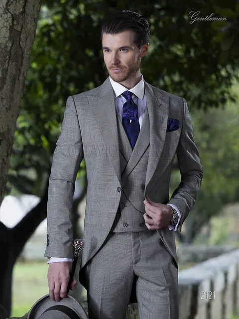 Modern morning suit groom suit in grey Prince of Wales check