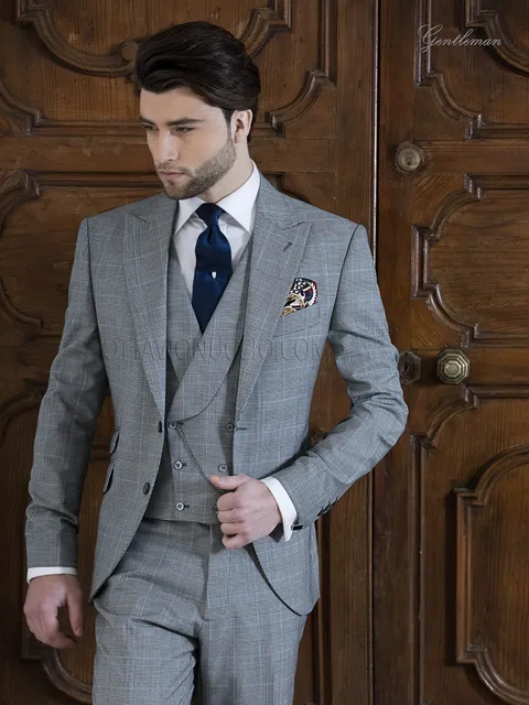 Men's formal suit in grey Prince of Wales check with light blue check