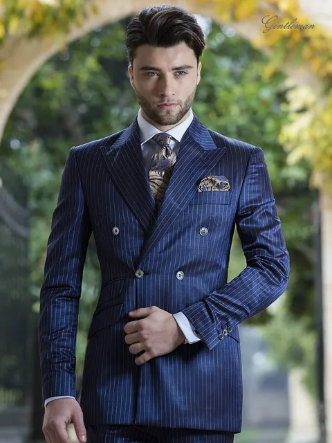 Fashion double-breasted royal blue pinstripe groom suit