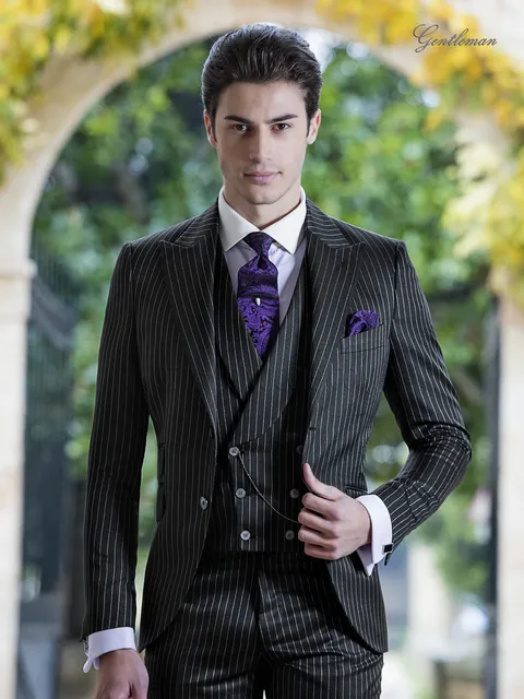 Fashion black pinstripe groom suit