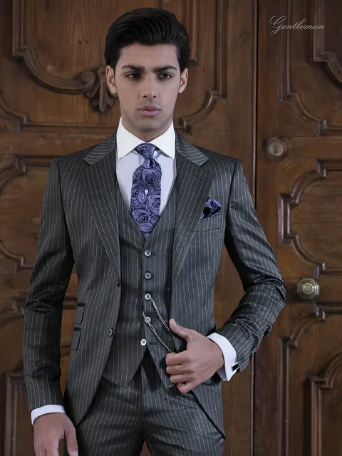 3-piece fashion grey pinstripe groom suit