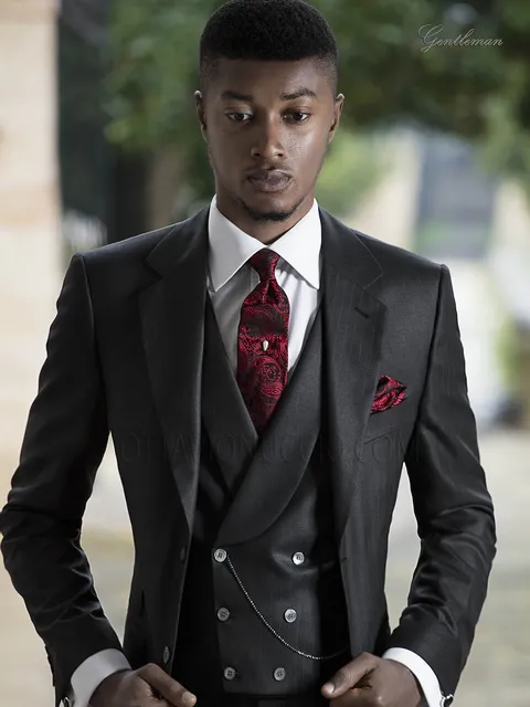 Men's black pinstripe formal groom suit