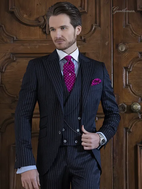 Blue pinstripe groom suit, men's fashion formalwear