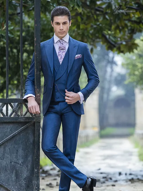 Elegant electric blue groom suit in mohair wool blend