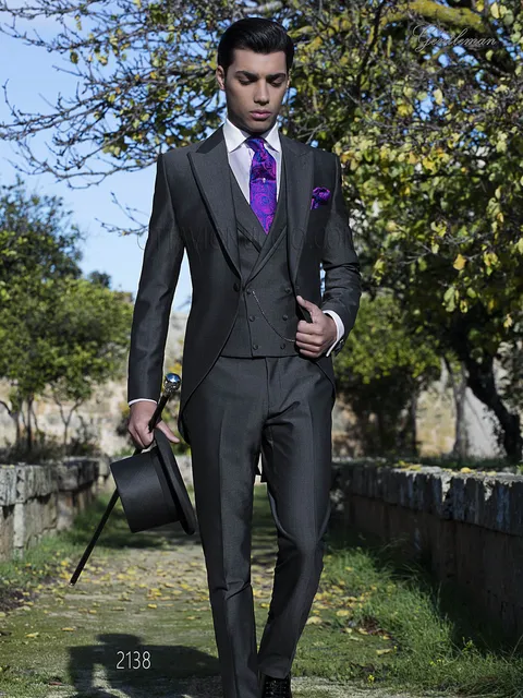 Modern dark grey morning suit groom suit in mohair wool blend