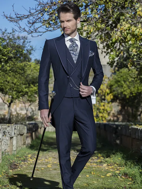 Modern blue morning suit groom suit in mohair wool blend