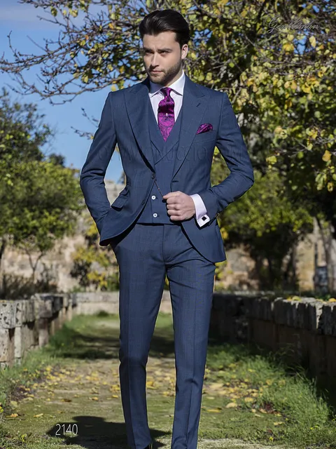 Men's blue formal suit in Prince of Wales check fabric