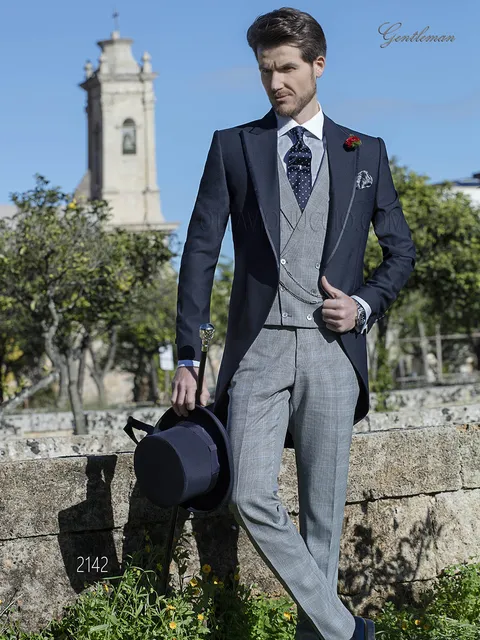 Blue morning suit with grey Prince of Wales check trousers and waistcoat