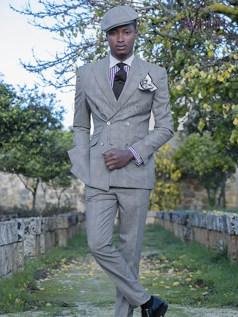 Fashion double-breasted groom suit in grey Prince of Wales check fabric