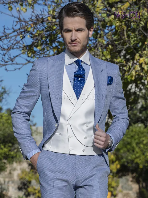Fashion morning suit groom suit in light blue houndstooth fabric
