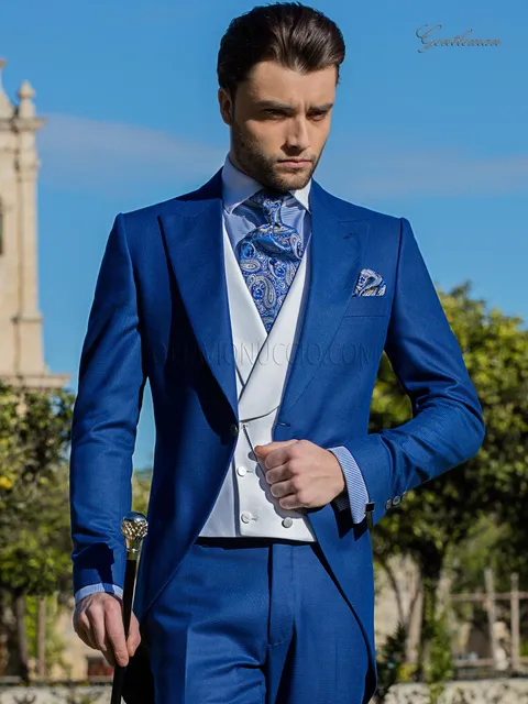 Men's blue houndstooth formal suit, modern morning suit