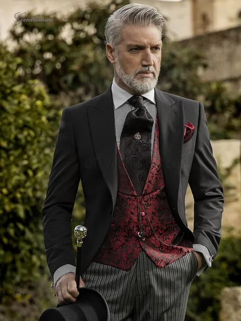 Classic black morning suit groom suit with striped trousers