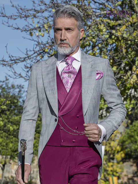 Men's Prince of Wales check groom suit, fuchsia trousers and waistcoat