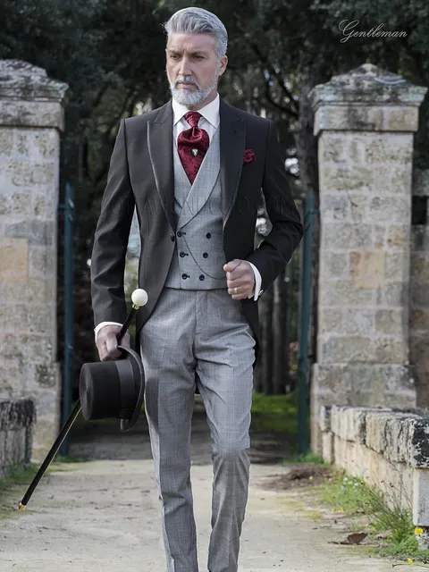 Groom suit, black jacket with Prince of Wales check trousers and waistcoat