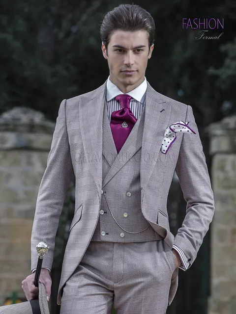 Fashion groom suit in burgundy Prince of Wales check
