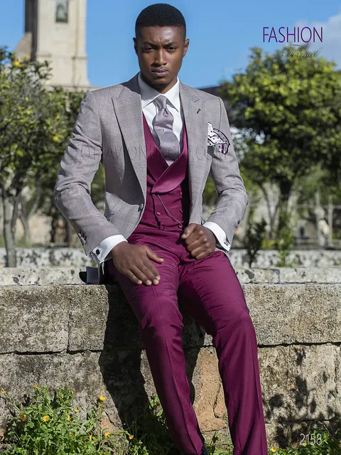 Men's Prince of Wales check fashion groom suit with burgundy check