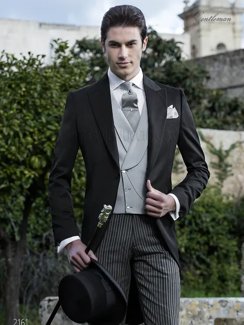 Classic black morning suit groom suit with grey waistcoat