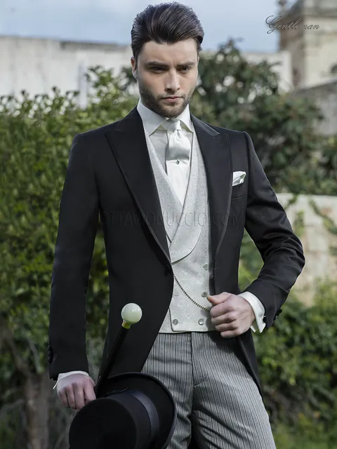 Classic black morning suit groom suit with cream damask waistcoat