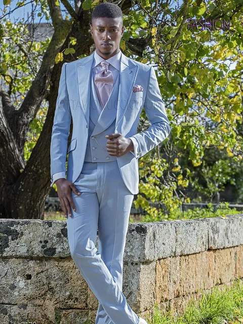 Men's light blue groom wedding suit