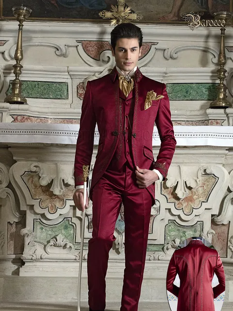 Men's Baroque groom suit in red satin with gold embroidery
