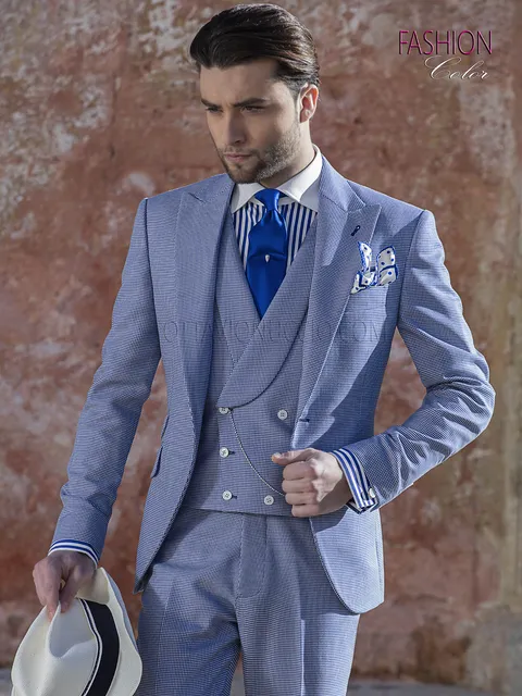 Fashion groom suit in light blue houndstooth fabric