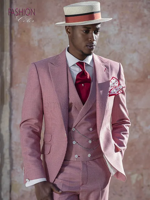 Men's fashion groom suit in red houndstooth fabric