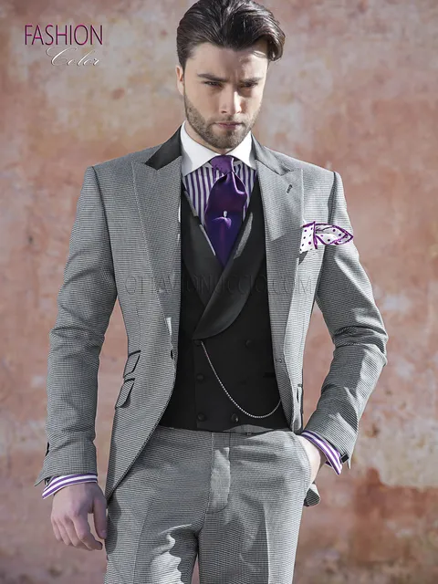 Fashion groom suit in grey and black houndstooth fabric