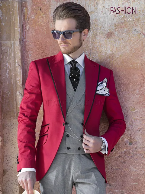Men's red fashion groom suit, houndstooth trousers and waistcoat