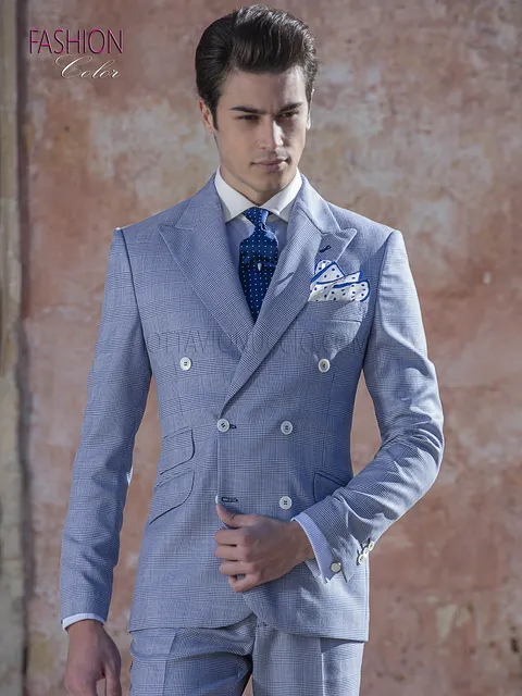 Men's royal blue Prince of Wales check double-breasted fashion suit