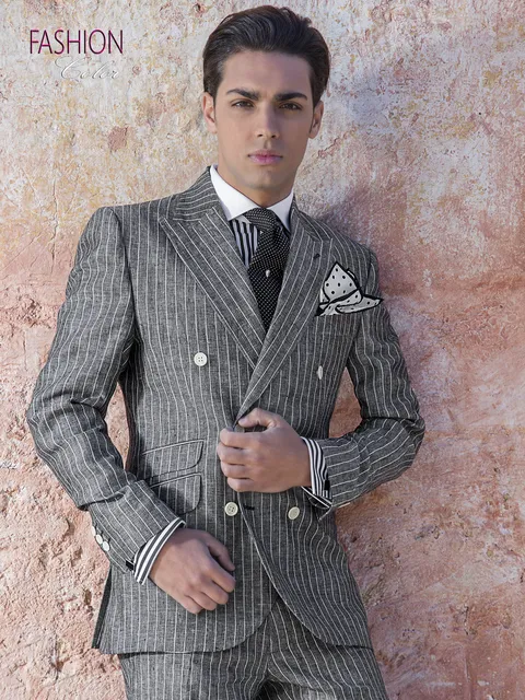 Men's double-breasted diplomat pinstripe suit in grey linen
