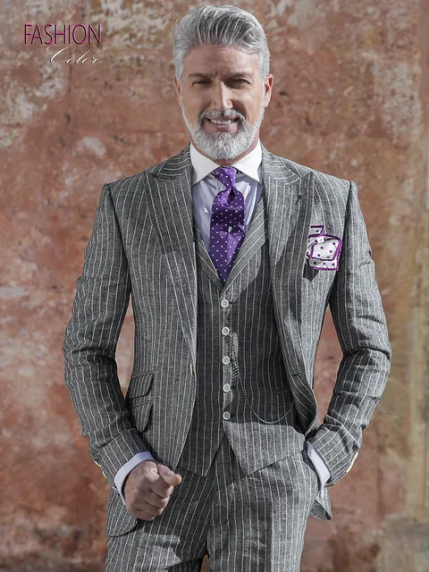 Fashion groom suit, diplomat pinstripe in grey linen