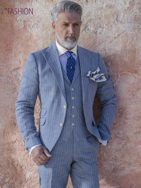 Men's fashion suit, diplomat pinstripe in light blue linen