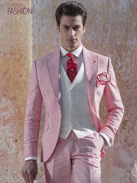 Vintage summer groom suit in red fine-striped cotton